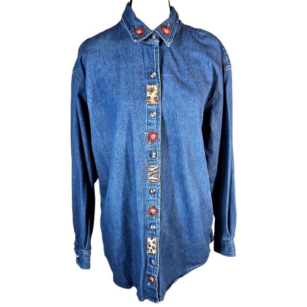 Vtg 90s Basic Editions M Embroidered Animal Print Denim Shirt Jean Button up Top